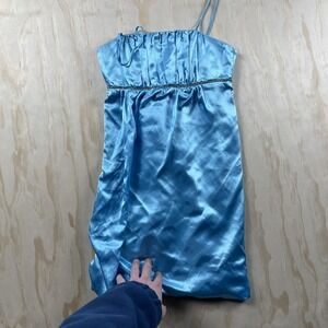 Beleza Dress Womens Sm Blue Satin Beaded Empire Waist Slip Spaghetti Strap Short